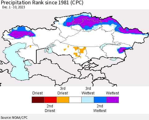 Kazakhstan Precipitation Rank since 1981 (CPC) Thematic Map For 12/1/2023 - 12/10/2023