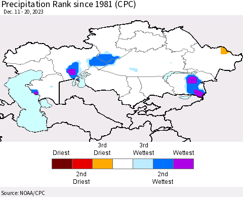 Kazakhstan Precipitation Rank since 1981 (CPC) Thematic Map For 12/11/2023 - 12/20/2023