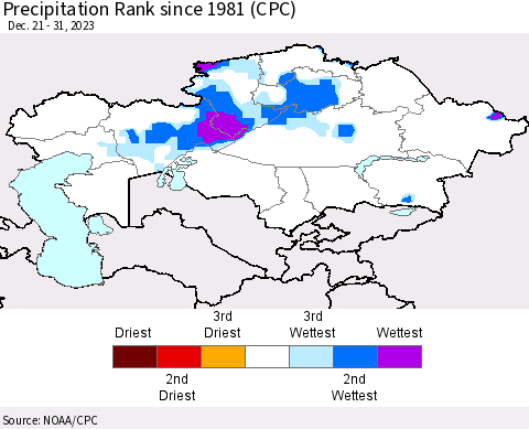 Kazakhstan Precipitation Rank since 1981 (CPC) Thematic Map For 12/21/2023 - 12/31/2023