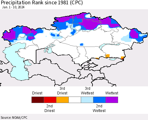 Kazakhstan Precipitation Rank since 1981 (CPC) Thematic Map For 1/1/2024 - 1/10/2024
