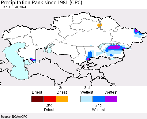 Kazakhstan Precipitation Rank since 1981 (CPC) Thematic Map For 1/11/2024 - 1/20/2024