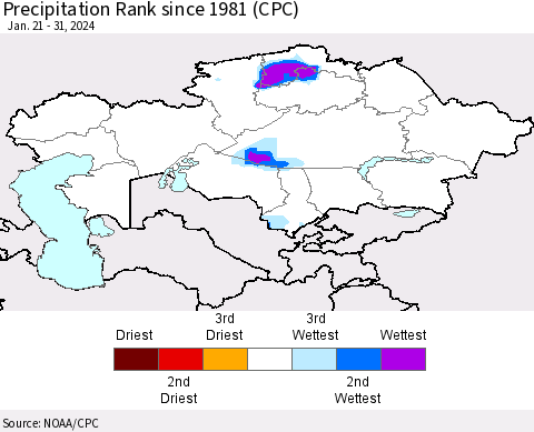 Kazakhstan Precipitation Rank since 1981 (CPC) Thematic Map For 1/21/2024 - 1/31/2024