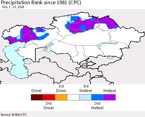 Kazakhstan Precipitation Rank since 1981 (CPC) Thematic Map For 2/1/2024 - 2/10/2024