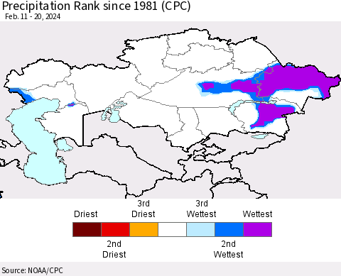 Kazakhstan Precipitation Rank since 1981 (CPC) Thematic Map For 2/11/2024 - 2/20/2024