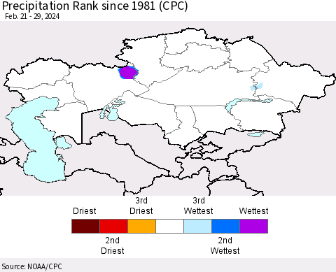 Kazakhstan Precipitation Rank since 1981 (CPC) Thematic Map For 2/21/2024 - 2/29/2024