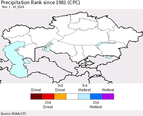 Kazakhstan Precipitation Rank since 1981 (CPC) Thematic Map For 3/1/2024 - 3/10/2024