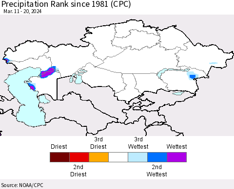Kazakhstan Precipitation Rank since 1981 (CPC) Thematic Map For 3/11/2024 - 3/20/2024