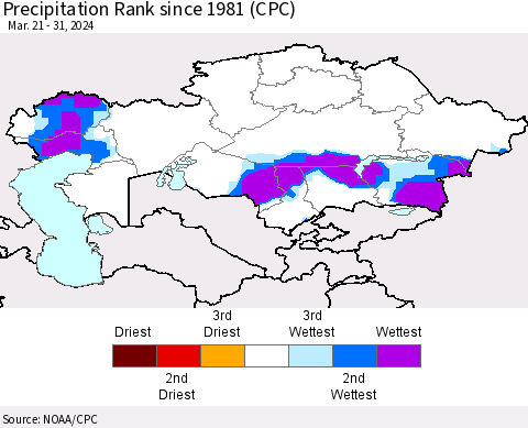 Kazakhstan Precipitation Rank since 1981 (CPC) Thematic Map For 3/21/2024 - 3/31/2024