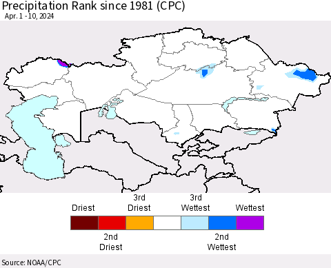 Kazakhstan Precipitation Rank since 1981 (CPC) Thematic Map For 4/1/2024 - 4/10/2024
