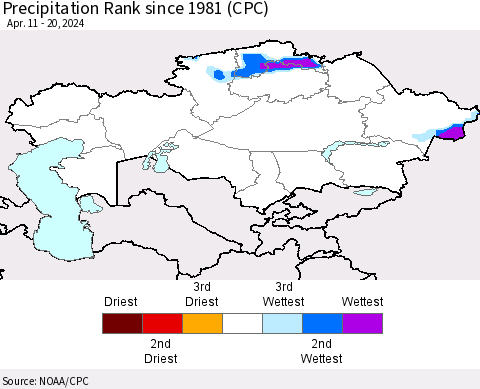 Kazakhstan Precipitation Rank since 1981 (CPC) Thematic Map For 4/11/2024 - 4/20/2024