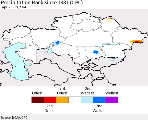 Kazakhstan Precipitation Rank since 1981 (CPC) Thematic Map For 4/21/2024 - 4/30/2024