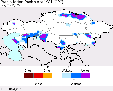 Kazakhstan Precipitation Rank since 1981 (CPC) Thematic Map For 5/11/2024 - 5/20/2024