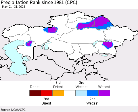 Kazakhstan Precipitation Rank since 1981 (CPC) Thematic Map For 5/21/2024 - 5/31/2024