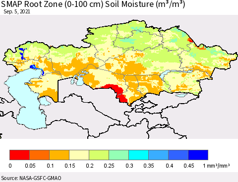Kazakhstan SMAP Root Zone (0-100 cm) Soil Moisture (m³/m³) Thematic Map For 9/1/2021 - 9/5/2021
