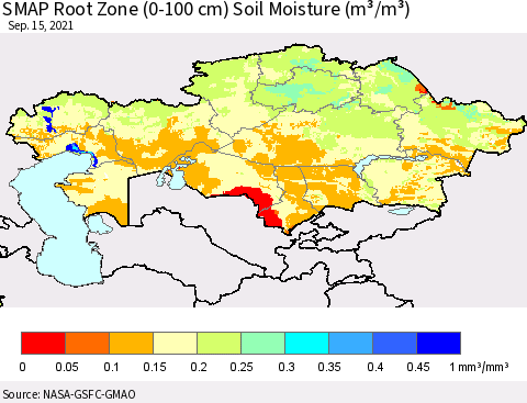 Kazakhstan SMAP Root Zone (0-100 cm) Soil Moisture (m³/m³) Thematic Map For 9/11/2021 - 9/15/2021