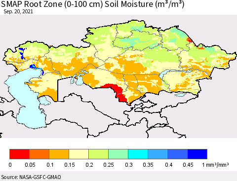Kazakhstan SMAP Root Zone (0-100 cm) Soil Moisture (m³/m³) Thematic Map For 9/16/2021 - 9/20/2021