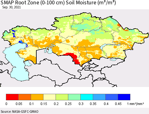 Kazakhstan SMAP Root Zone (0-100 cm) Soil Moisture (m³/m³) Thematic Map For 9/26/2021 - 9/30/2021