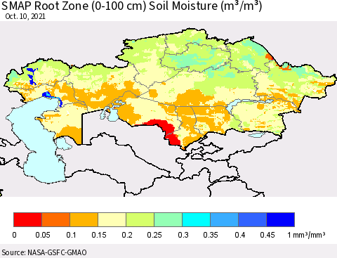 Kazakhstan SMAP Root Zone (0-100 cm) Soil Moisture (m³/m³) Thematic Map For 10/6/2021 - 10/10/2021