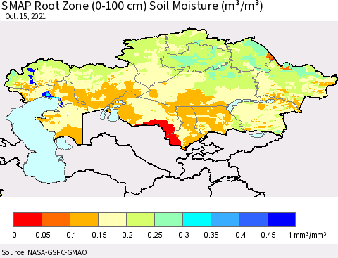 Kazakhstan SMAP Root Zone (0-100 cm) Soil Moisture (m³/m³) Thematic Map For 10/11/2021 - 10/15/2021