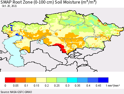 Kazakhstan SMAP Root Zone (0-100 cm) Soil Moisture (m³/m³) Thematic Map For 10/16/2021 - 10/20/2021