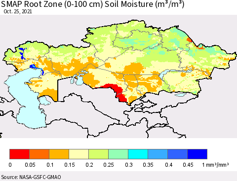 Kazakhstan SMAP Root Zone (0-100 cm) Soil Moisture (m³/m³) Thematic Map For 10/21/2021 - 10/25/2021