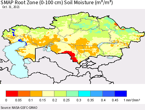 Kazakhstan SMAP Root Zone (0-100 cm) Soil Moisture (m³/m³) Thematic Map For 10/26/2021 - 10/31/2021