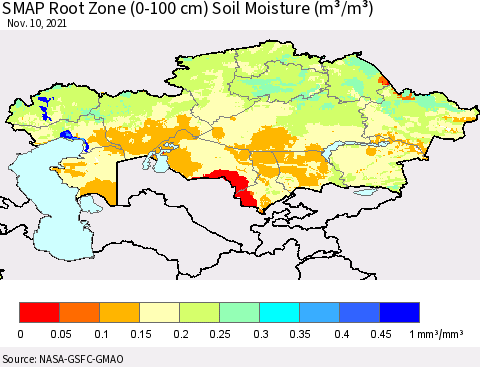 Kazakhstan SMAP Root Zone (0-100 cm) Soil Moisture (m³/m³) Thematic Map For 11/6/2021 - 11/10/2021