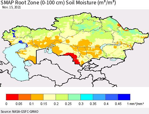 Kazakhstan SMAP Root Zone (0-100 cm) Soil Moisture (m³/m³) Thematic Map For 11/11/2021 - 11/15/2021