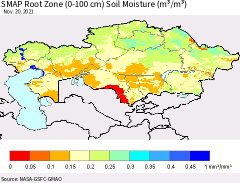Kazakhstan SMAP Root Zone (0-100 cm) Soil Moisture (m³/m³) Thematic Map For 11/16/2021 - 11/20/2021