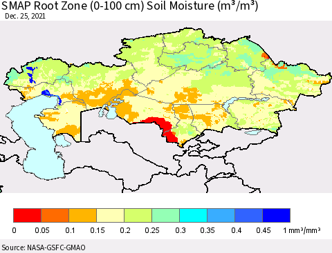 Kazakhstan SMAP Root Zone (0-100 cm) Soil Moisture (m³/m³) Thematic Map For 12/21/2021 - 12/25/2021