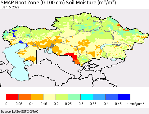 Kazakhstan SMAP Root Zone (0-100 cm) Soil Moisture (m³/m³) Thematic Map For 1/1/2022 - 1/5/2022