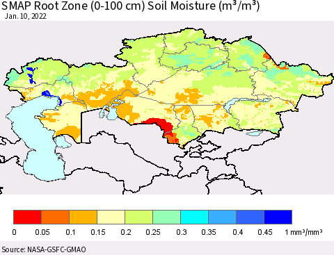 Kazakhstan SMAP Root Zone (0-100 cm) Soil Moisture (m³/m³) Thematic Map For 1/6/2022 - 1/10/2022