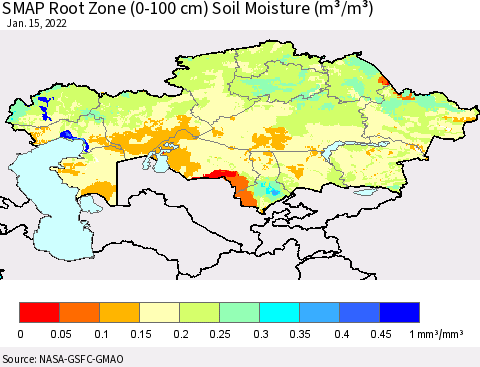 Kazakhstan SMAP Root Zone (0-100 cm) Soil Moisture (m³/m³) Thematic Map For 1/11/2022 - 1/15/2022