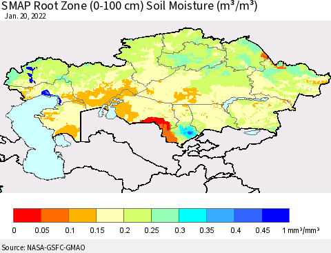 Kazakhstan SMAP Root Zone (0-100 cm) Soil Moisture (m³/m³) Thematic Map For 1/16/2022 - 1/20/2022