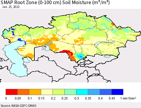 Kazakhstan SMAP Root Zone (0-100 cm) Soil Moisture (m³/m³) Thematic Map For 1/21/2022 - 1/25/2022