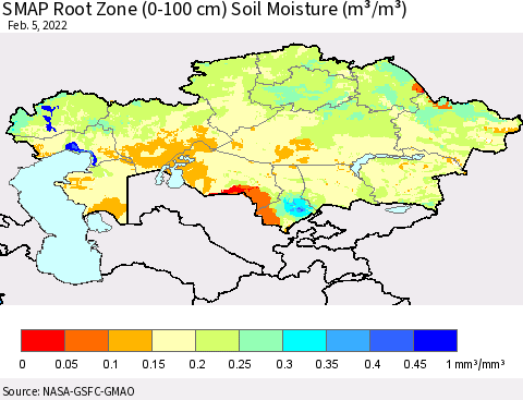 Kazakhstan SMAP Root Zone (0-100 cm) Soil Moisture (m³/m³) Thematic Map For 2/1/2022 - 2/5/2022