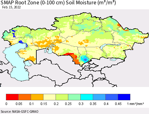 Kazakhstan SMAP Root Zone (0-100 cm) Soil Moisture (m³/m³) Thematic Map For 2/11/2022 - 2/15/2022