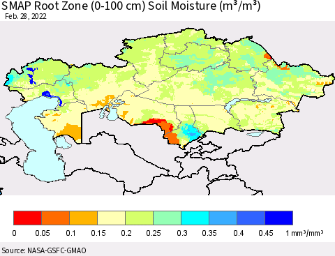 Kazakhstan SMAP Root Zone (0-100 cm) Soil Moisture (m³/m³) Thematic Map For 2/26/2022 - 2/28/2022