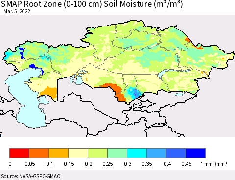 Kazakhstan SMAP Root Zone (0-100 cm) Soil Moisture (m³/m³) Thematic Map For 3/1/2022 - 3/5/2022
