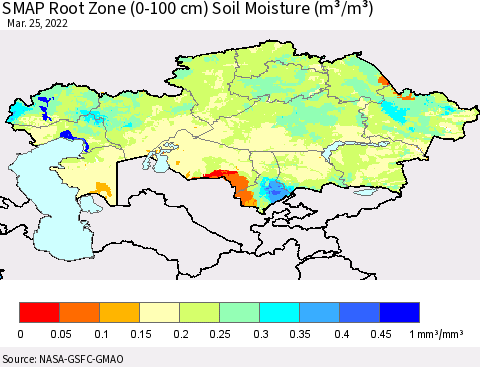 Kazakhstan SMAP Root Zone (0-100 cm) Soil Moisture (m³/m³) Thematic Map For 3/21/2022 - 3/25/2022