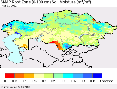 Kazakhstan SMAP Root Zone (0-100 cm) Soil Moisture (m³/m³) Thematic Map For 3/26/2022 - 3/31/2022