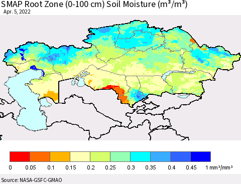 Kazakhstan SMAP Root Zone (0-100 cm) Soil Moisture (m³/m³) Thematic Map For 4/1/2022 - 4/5/2022