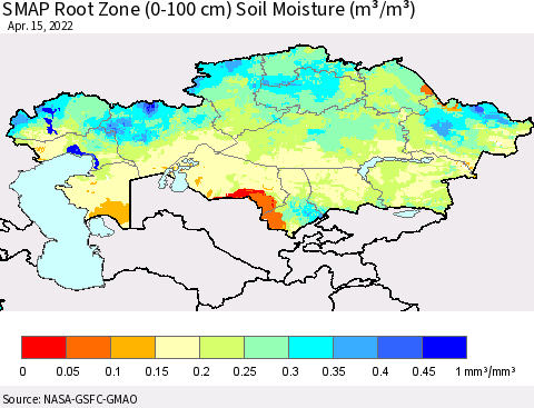Kazakhstan SMAP Root Zone (0-100 cm) Soil Moisture (m³/m³) Thematic Map For 4/11/2022 - 4/15/2022