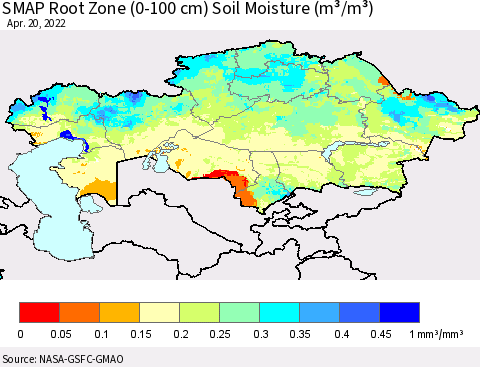 Kazakhstan SMAP Root Zone (0-100 cm) Soil Moisture (m³/m³) Thematic Map For 4/16/2022 - 4/20/2022