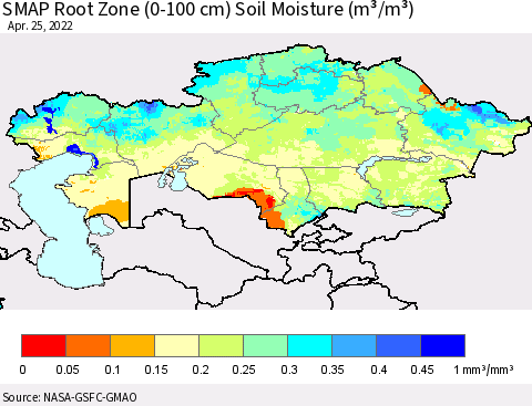 Kazakhstan SMAP Root Zone (0-100 cm) Soil Moisture (m³/m³) Thematic Map For 4/21/2022 - 4/25/2022