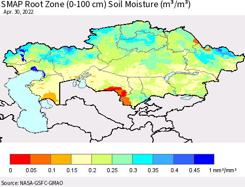 Kazakhstan SMAP Root Zone (0-100 cm) Soil Moisture (m³/m³) Thematic Map For 4/26/2022 - 4/30/2022