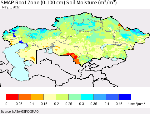 Kazakhstan SMAP Root Zone (0-100 cm) Soil Moisture (m³/m³) Thematic Map For 5/1/2022 - 5/5/2022
