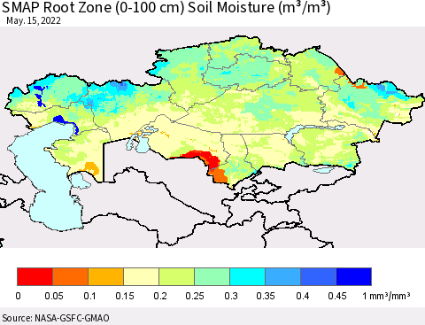 Kazakhstan SMAP Root Zone (0-100 cm) Soil Moisture (m³/m³) Thematic Map For 5/11/2022 - 5/15/2022