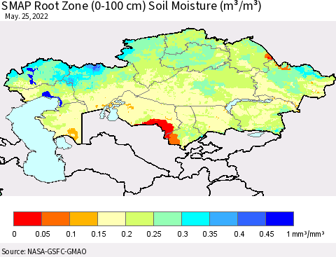Kazakhstan SMAP Root Zone (0-100 cm) Soil Moisture (m³/m³) Thematic Map For 5/21/2022 - 5/25/2022