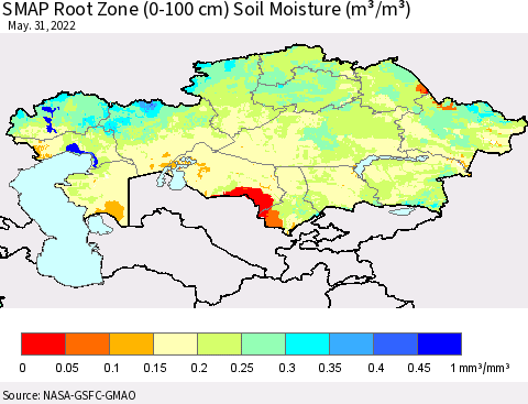 Kazakhstan SMAP Root Zone (0-100 cm) Soil Moisture (m³/m³) Thematic Map For 5/26/2022 - 5/31/2022